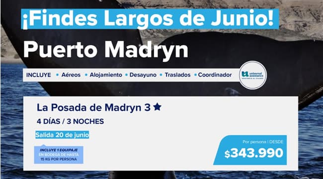 Viajes a Puerto Madryn Finde largo Junio